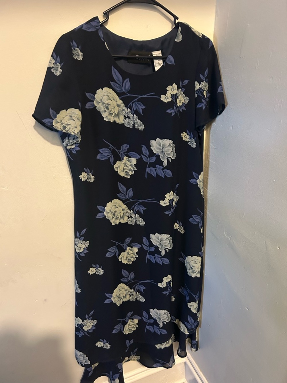 Sag Harbor Navy Floral Midi Dress with Blue Leaves and Cream Blooms